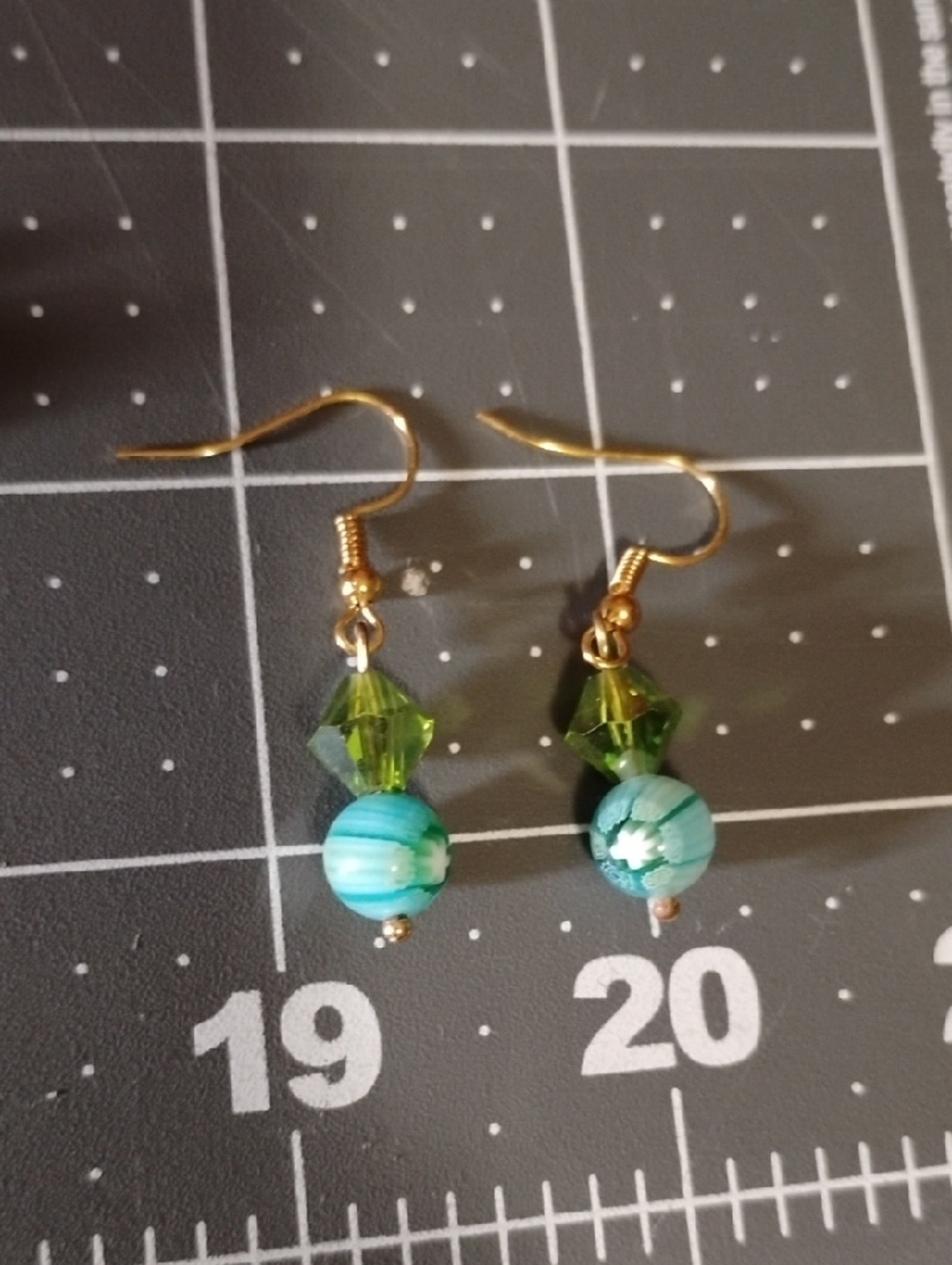 Gold-Accent Green Crystal and Aqua Bead Drop Earrings